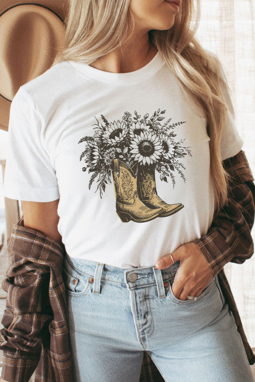 Thumbnail: White Sunflower Cowgirl Boots Cotton Blend Graphic Tee