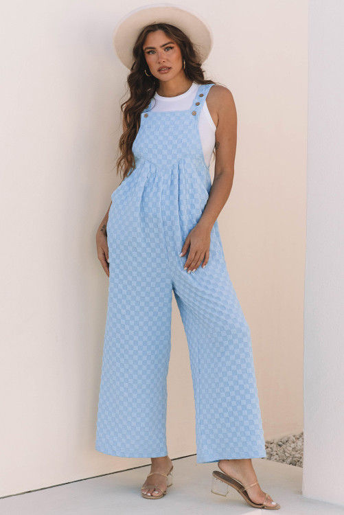 Thumbnail: Beau Blue Checkered Pocketed High Waist Wide Leg Overall