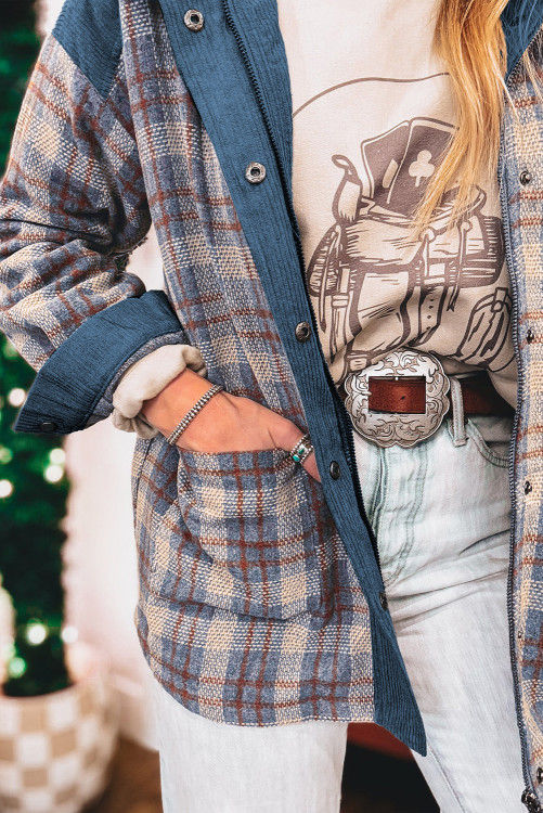 Thumbnail: Gray Plaid Corduroy Patchwork Collared Zip Up Snap Button Jacket