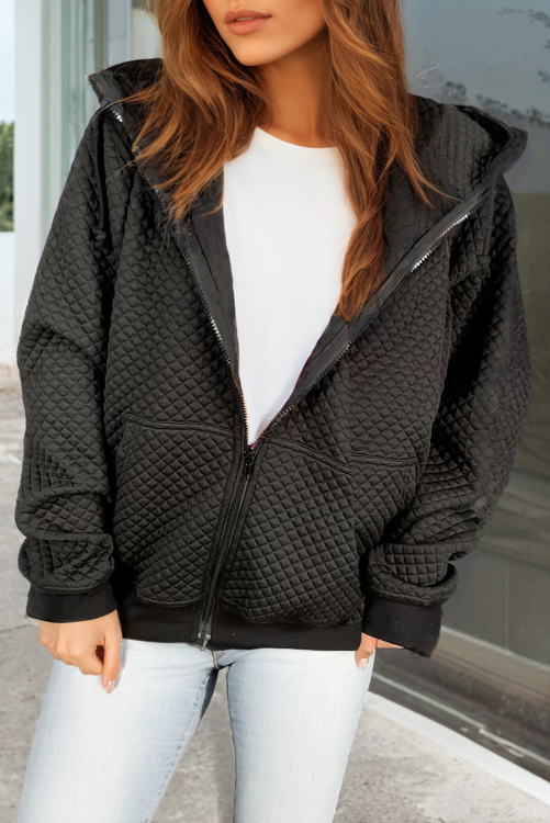 Thumbnail: Black Quilted Side Pockets Zipper Hooded Jacket