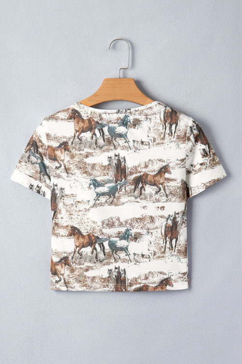 Thumbnail: White Western Galloping Horses Printed Slim Fit T Shirt