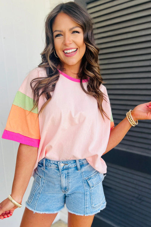 Thumbnail: Pink Color Block Stitching Sleeve Round Neck Oversize Top
