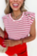 Thumbnail: Red Stripe Textured Knit Button Detail Short Sleeve Casual Tee
