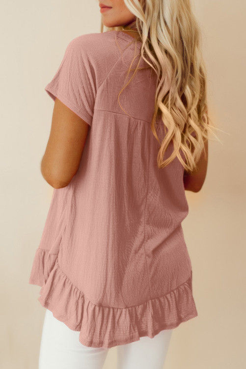 Thumbnail: Pink Solid Short Sleeve Ruffle Hem Top