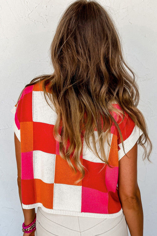 Thumbnail: Fiery Red Color Block Cap Sleeve Sweater
