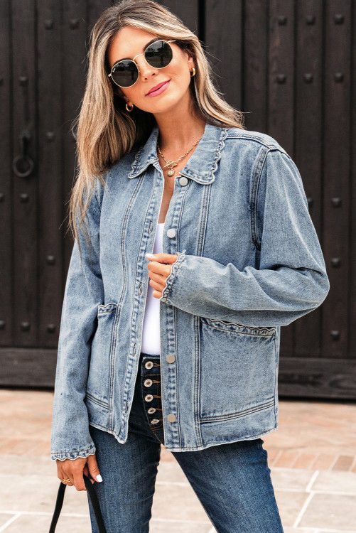 Myosotis Scallop Trim Collar Patched Pocket Button Up Mineral Washed Denim Jacke
