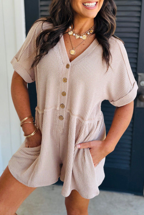 Thumbnail: Parchment Spiral Ribbed Short Sleeve V Neck Buttoned Romper with Pocket