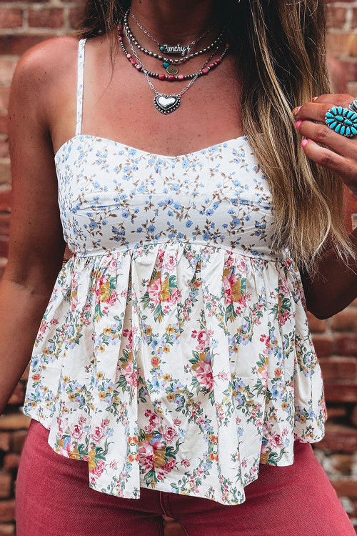 Thumbnail: White Contrast Floral Printed Patchwork Spaghetti Straps Babydoll Top