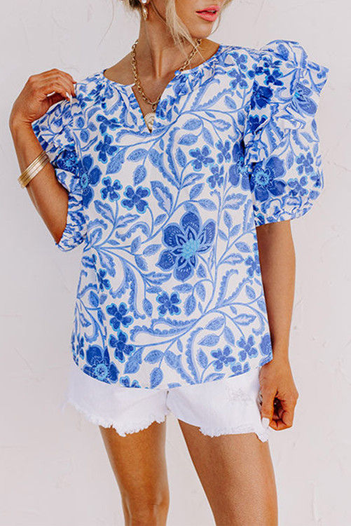 Blue Flower Ruffle Top