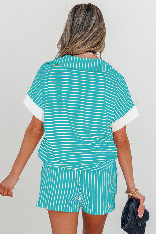 Thumbnail: Sky Blue Stripe V Neck Tee and Casual Short Set