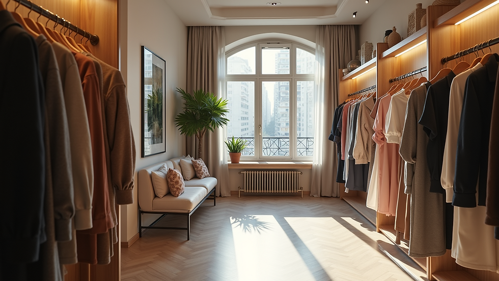 Eye-level view of boutique interior with clothing racks and decor
