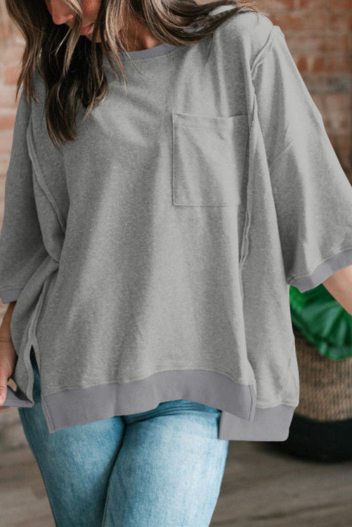 Thumbnail: Grey Exposed Seam Chest Pocket Split Loose T Shirt