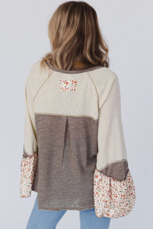 Thumbnail: Goat Colorblock Floral Patchwork Flared Sleeve Henley Top 