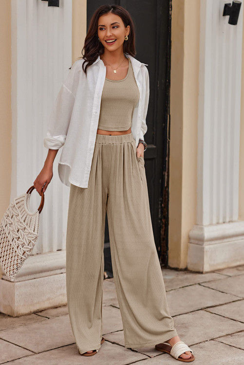Thumbnail: Textured Sleeveless Crop Top and Wide Leg Pants Outfit
