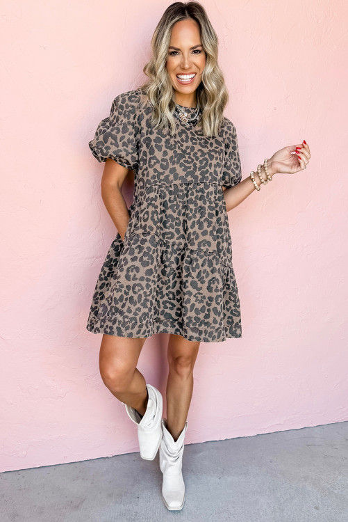 Thumbnail: Brown Denim Leopard Printed Short Puff Sleeve Mini Dress