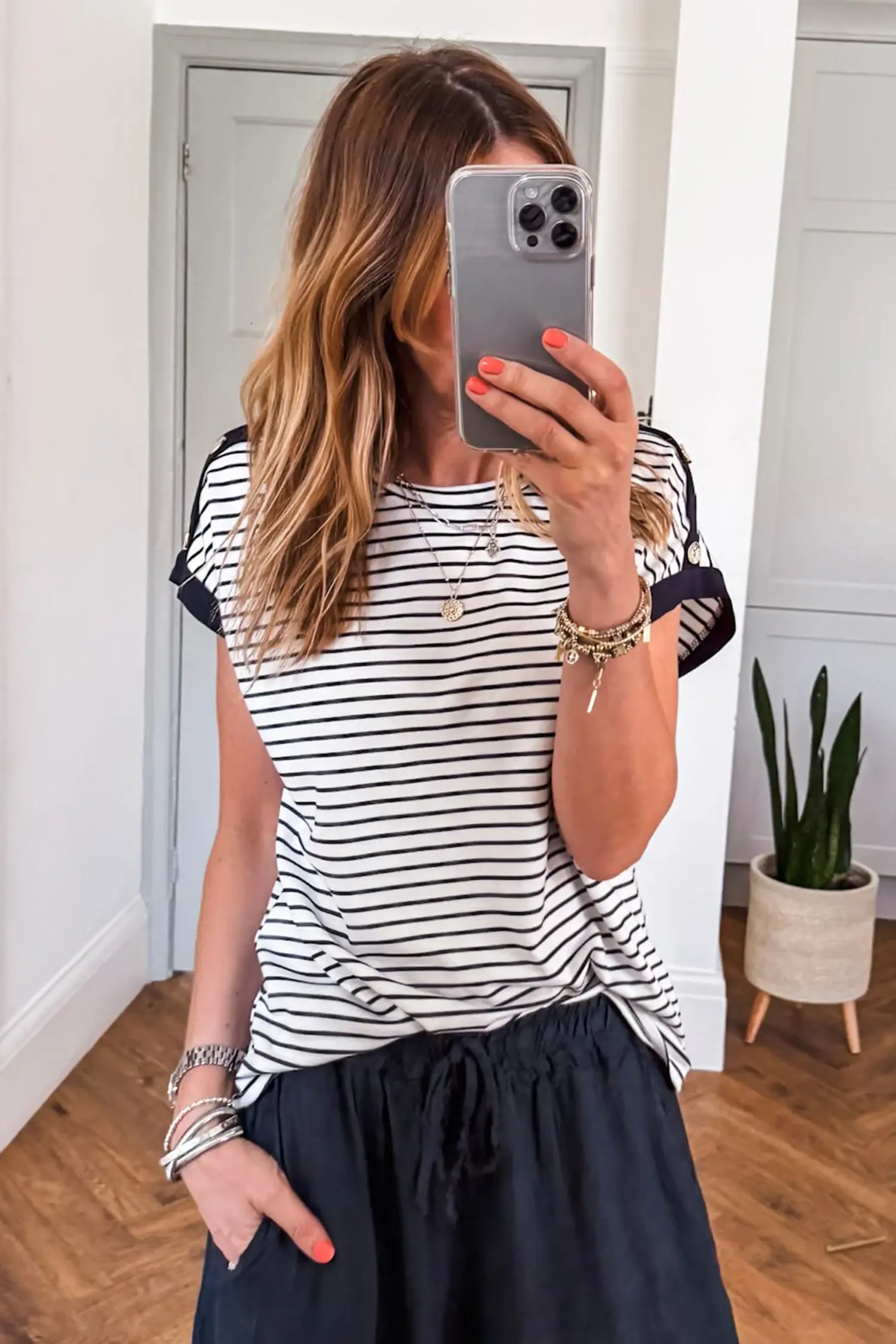 Black Stripe Cuffed Sleeve Button Detail Loose Tee