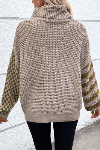 Thumbnail: Smoke Gray Striped Plaid Patchwork Waffle Knit Turtleneck Sweater
