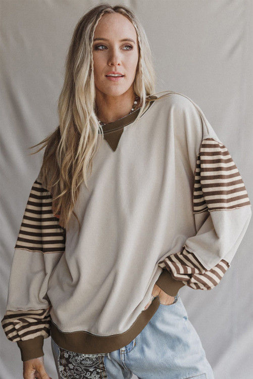Thumbnail: Parchment Striped Colorblock Patchwork Drop Shoulder Sweatshirt