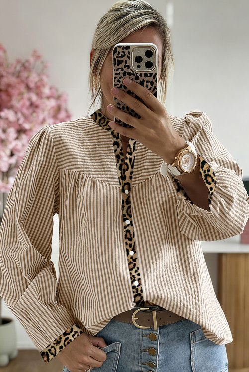 Thumbnail: Brown Stripe Leopard Patchwork Long Sleeve Shirt