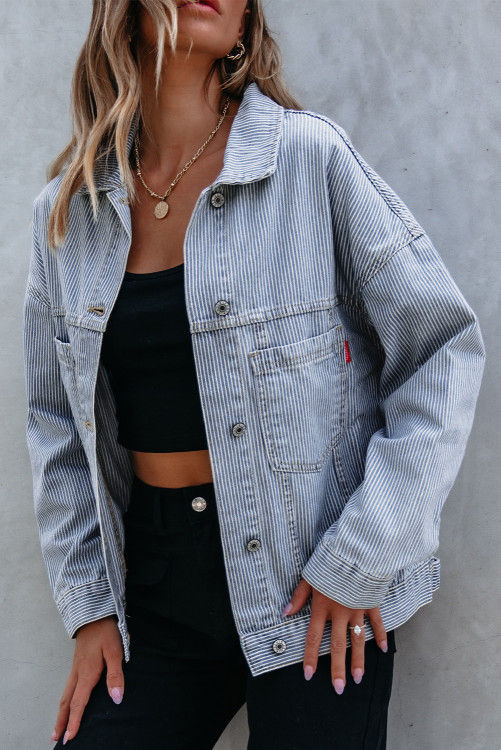 Thumbnail: Sky Blue Stripe Washed Oversize Pocketed Denim Jacket