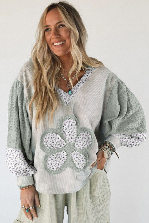 Thumbnail: Green Floral Patched Waffle Textured Colorblock V Neck Casual Hooded Top