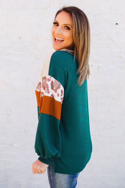Thumbnail: Green Leopard Color Block Waffle Knit Top