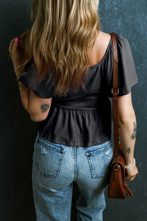 Thumbnail: Black Shirred V Neck Short Flutter Sleeve Textured Blouse
