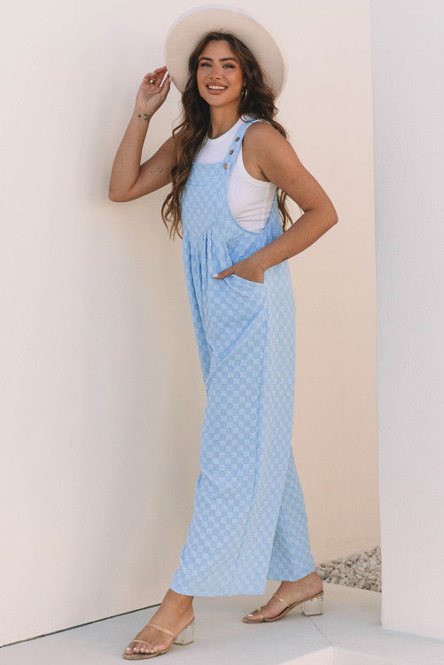 Thumbnail: Beau Blue Checkered Pocketed High Waist Wide Leg Overall