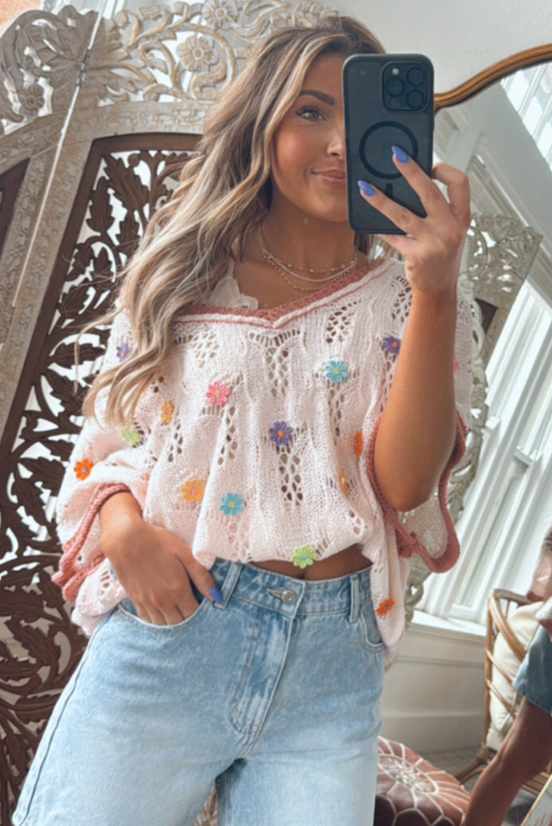 Thumbnail: Delicacy Embroidered Flowers Colorblock Edge Hollowed Sweater