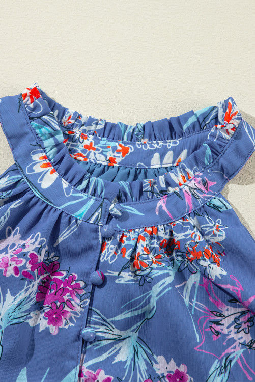 Thumbnail: Sky Blue Floral Print Buttoned Neckline Tank Top