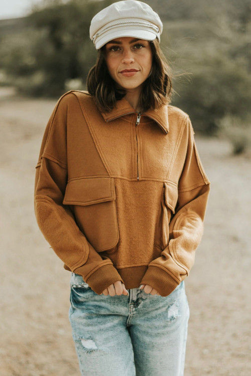 Thumbnail: Brown Zip Collared Big Flap Pocket Exposed Seam Sweatshirt
