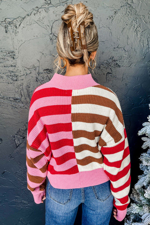 Thumbnail: Pink Stripe Color Block High Neck Drop Shoulder Loose Sweater