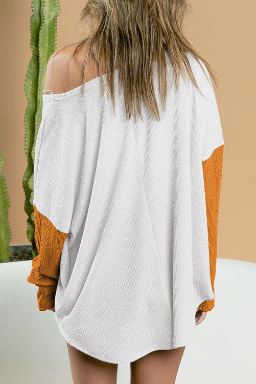 Thumbnail: Brown Color Block Patchwork Chest Pocket Long Sleeve Top