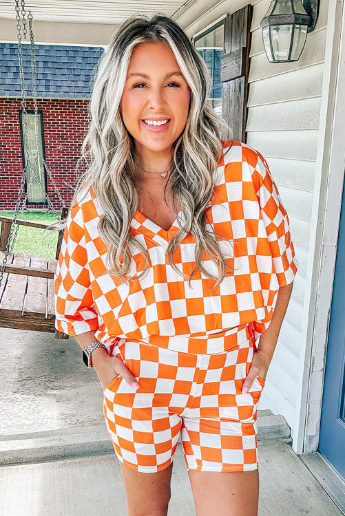 Thumbnail: Orange Checkerboard Print V Neck Loose Tee and Shorts Lounge Set