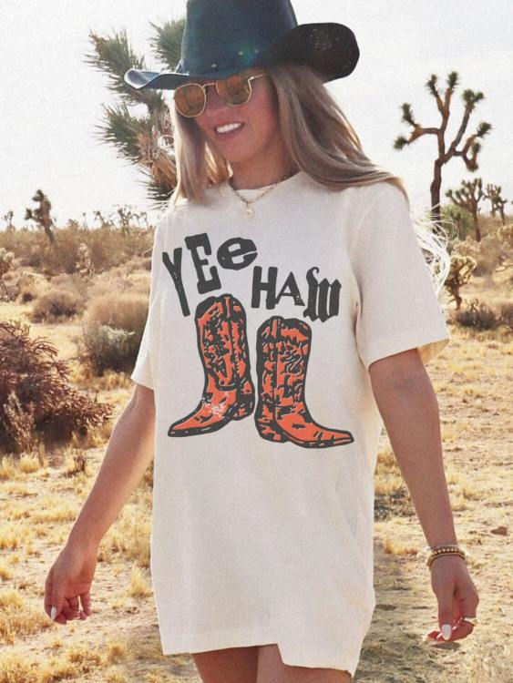 Thumbnail: White Yee Haw Cowboy Boots Graphic Vintage Western Oversized Tee