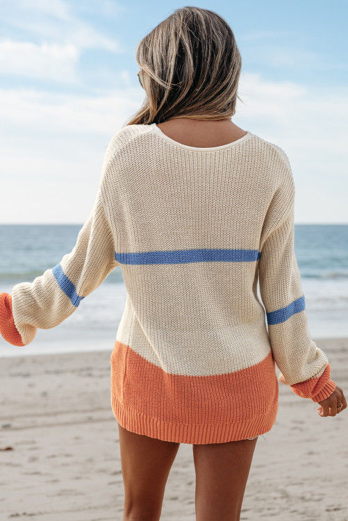 Thumbnail: Beige Colorblock Striped Drop Shoulder Cozy Sweater