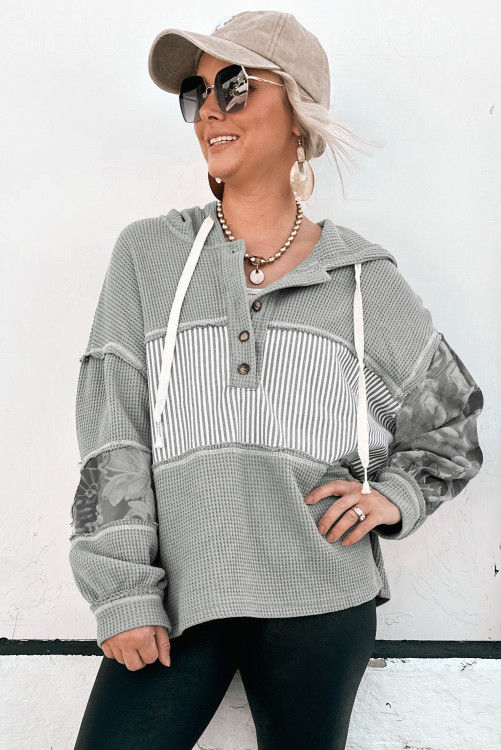Thumbnail: Gray Waffle Printed Patchwork Drawstring Hooded Long Sleeve Top