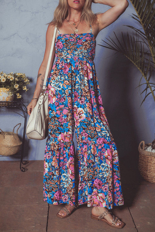 Thumbnail: Pink Floral Smocked Bust Spaghetti Straps Wide Leg Jumpsuit