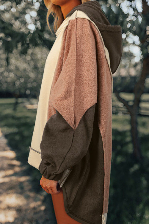 Thumbnail: Beige Oversized Color Block Patchwork High Low Hoodie