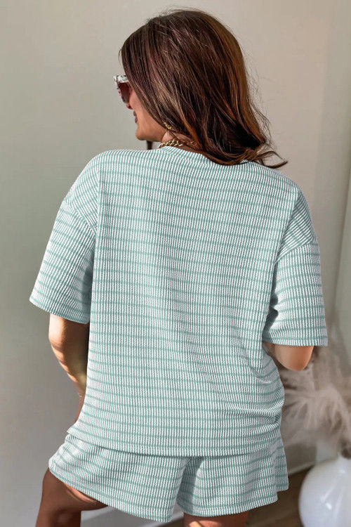 Thumbnail: Green Stripe Raised Rib Loose Tee Drawstring Elastic Waist 2pcs Short Set