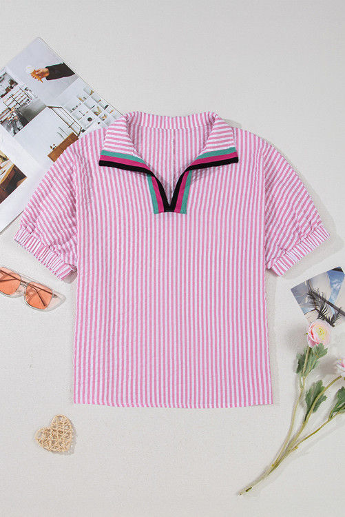 Thumbnail: Sachet Pink Striped Print Contrast Split Neck Dolman Sleeve Blouse