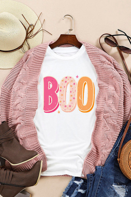 Thumbnail: White Halloween BOO Letter Graphic T-shirt