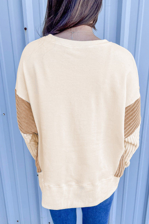 Thumbnail: Apricot Corduroy Patchwork Drop Shoulder Long Sleeve Sweatshirt