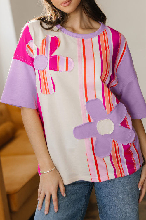 Pink Striped Color Block Flower Patched Half Sleeve Loose Top