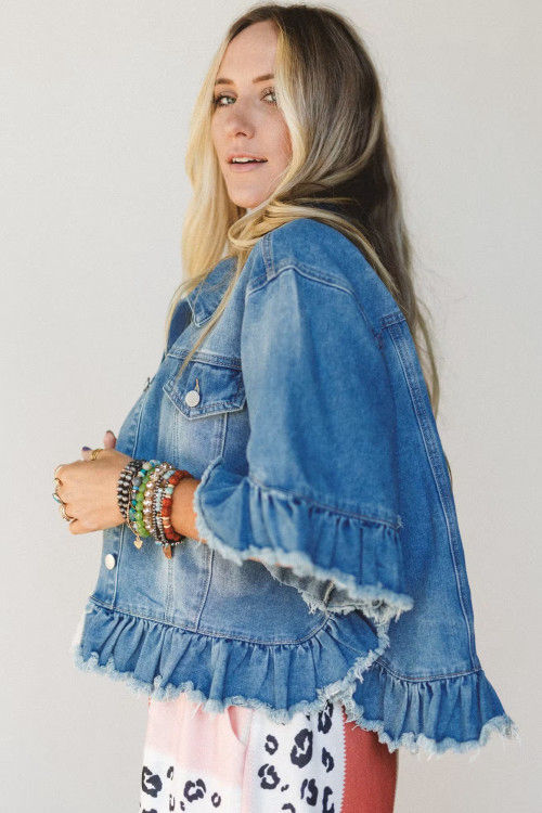 Thumbnail: Blue Ruffle Hem Raw Edge Half Sleeve Western Denim Jacket
