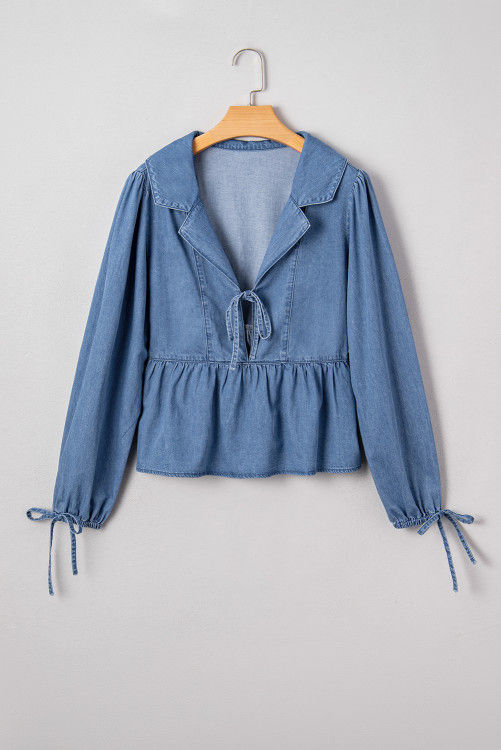 Thumbnail: Dusk Blue Denim Lapel Neck Balloon Sleeve Tied Peplum Top