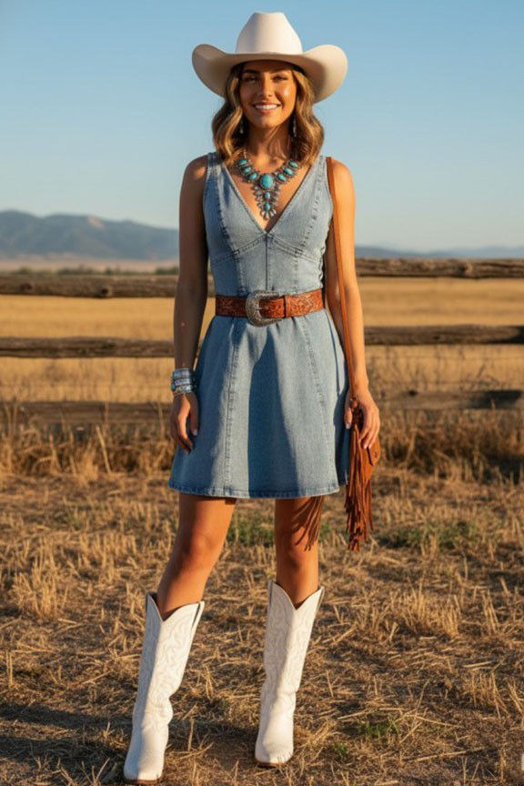 V-Neck Fit & Flare Stretch Denim Dress
