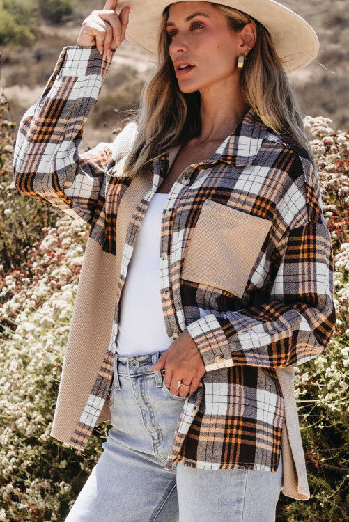 Thumbnail: Khaki Thermal Knit Plaid Patchwork Shacket