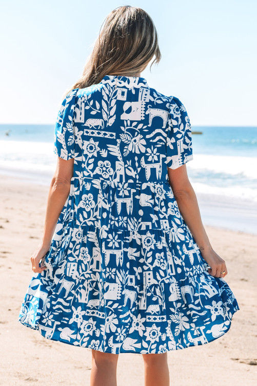 Thumbnail: Blue Ricrac Trim Split Neck Floral Loose Dress