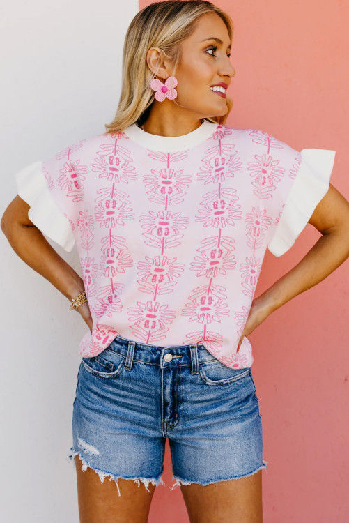 Thumbnail: White Floral Printed Ruffled Short Sleeve Sweater